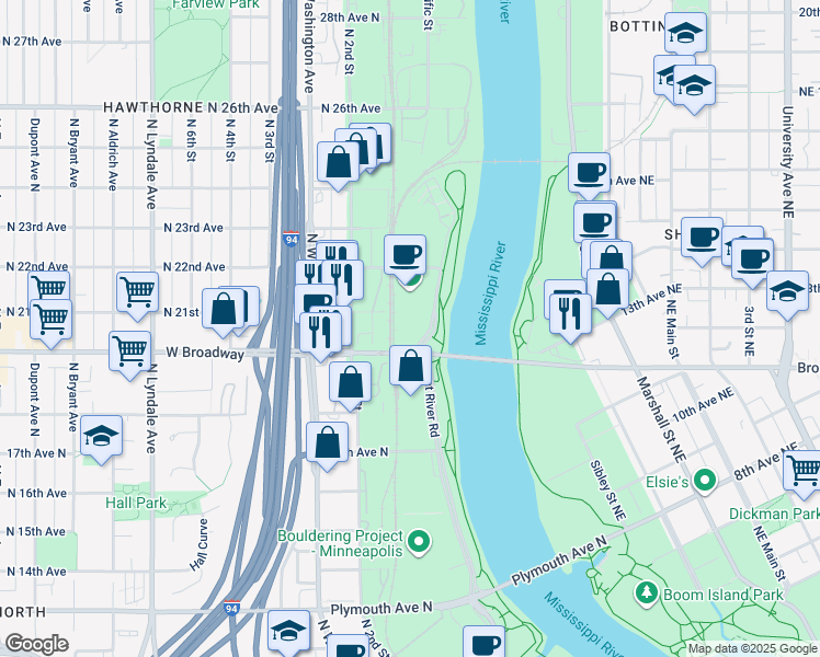 map of restaurants, bars, coffee shops, grocery stores, and more near 2002-2028 West River Road North in Minneapolis