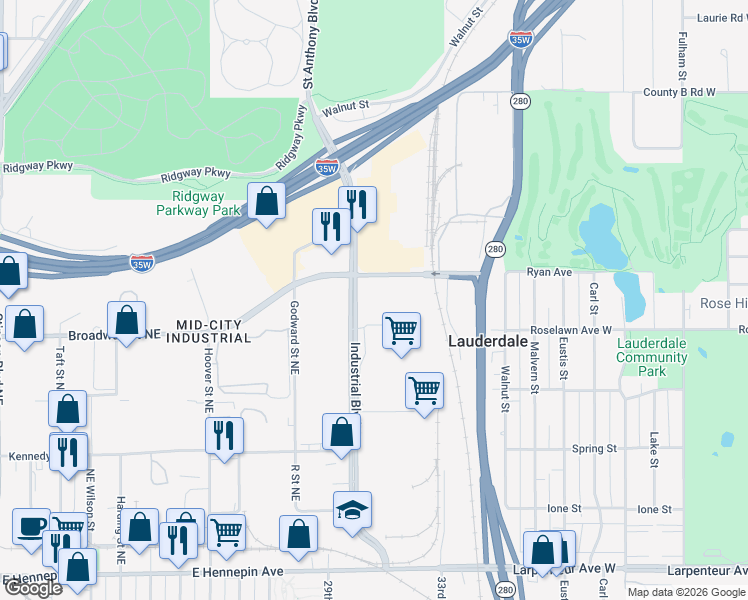 map of restaurants, bars, coffee shops, grocery stores, and more near 755 Industrial Boulevard Northeast in Minneapolis
