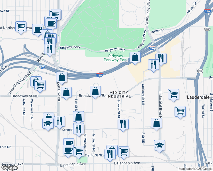 map of restaurants, bars, coffee shops, grocery stores, and more near 1100-1398 Hoover St NE in Minneapolis