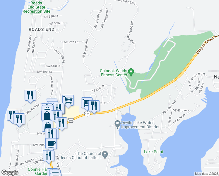 map of restaurants, bars, coffee shops, grocery stores, and more near 2862 Northeast 46th Loop in Lincoln City