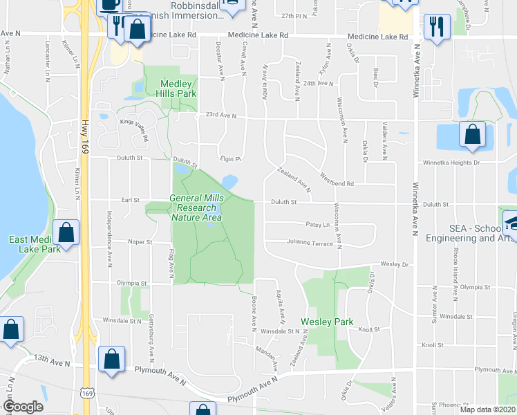 map of restaurants, bars, coffee shops, grocery stores, and more near 8601 Duluth Street in Minneapolis