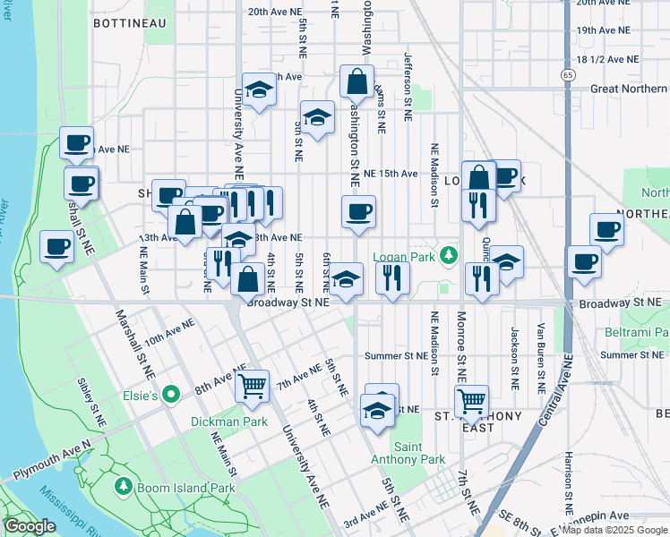 map of restaurants, bars, coffee shops, grocery stores, and more near 1206 Washington Street Northeast in Minneapolis