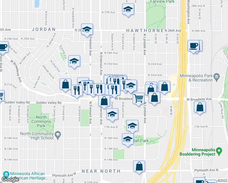 map of restaurants, bars, coffee shops, grocery stores, and more near 916 West Broadway Avenue in Minneapolis