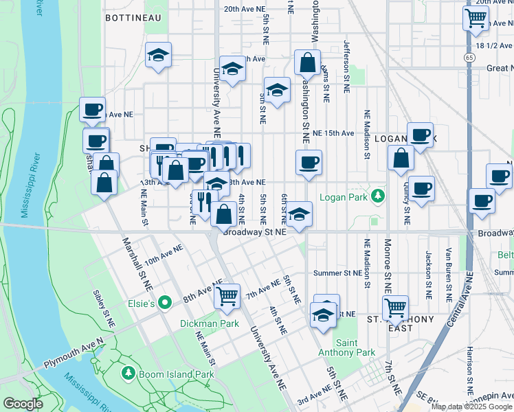 map of restaurants, bars, coffee shops, grocery stores, and more near 1209 4th Street Northeast in Minneapolis