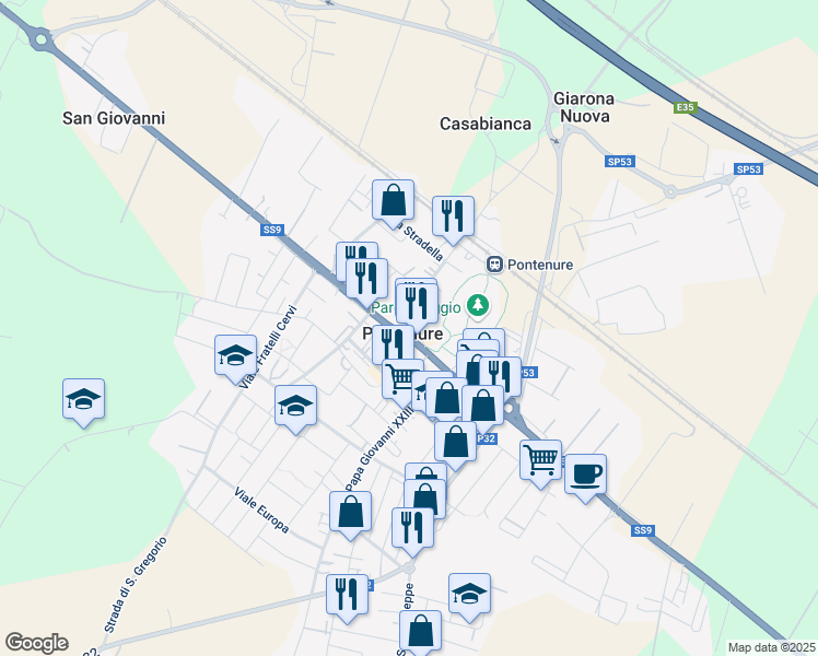 map of restaurants, bars, coffee shops, grocery stores, and more near 9 Via Roma in Pontenure