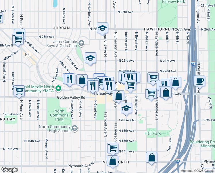map of restaurants, bars, coffee shops, grocery stores, and more near 2018 North Fremont Avenue in Minneapolis