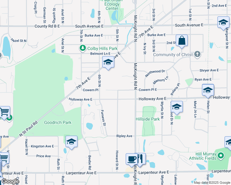 map of restaurants, bars, coffee shops, grocery stores, and more near 2194 Cowern Place East in North Saint Paul