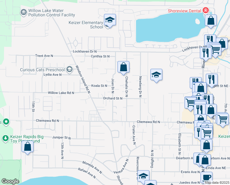 map of restaurants, bars, coffee shops, grocery stores, and more near 5160 Joan Drive North in Keizer