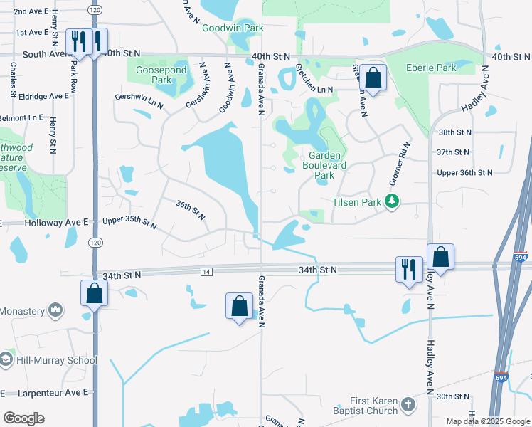 map of restaurants, bars, coffee shops, grocery stores, and more near 6514 Upper 35th Street North in Saint Paul