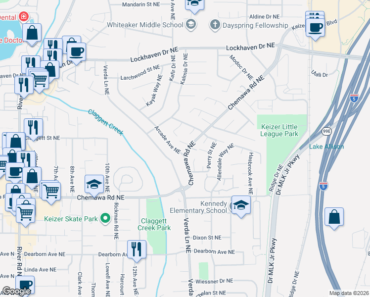 map of restaurants, bars, coffee shops, grocery stores, and more near 1625 Chemawa Road Northeast in Keizer
