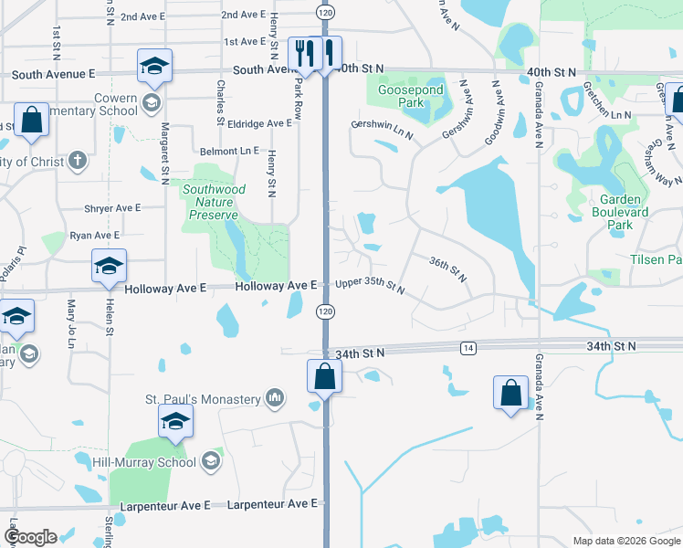 map of restaurants, bars, coffee shops, grocery stores, and more near 3532 Genevieve Avenue North in Oakdale