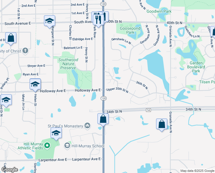 map of restaurants, bars, coffee shops, grocery stores, and more near 3532 Genevieve Avenue North in Oakdale