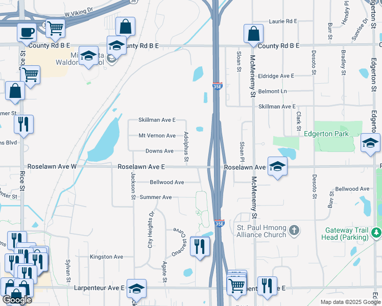 map of restaurants, bars, coffee shops, grocery stores, and more near 1948 Adolphus Street in Saint Paul