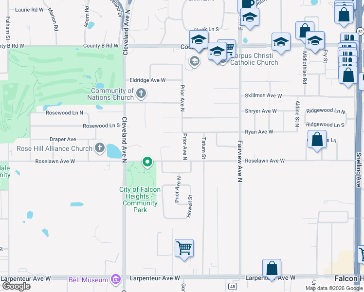 map of restaurants, bars, coffee shops, grocery stores, and more near 1958 Prior Avenue North in Roseville
