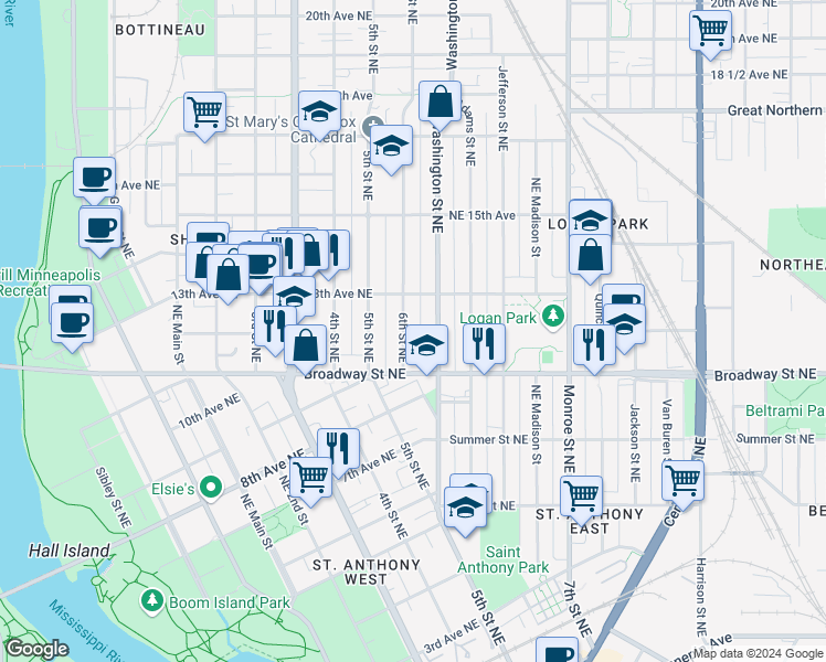 map of restaurants, bars, coffee shops, grocery stores, and more near 1206 Washington Street Northeast in Minneapolis