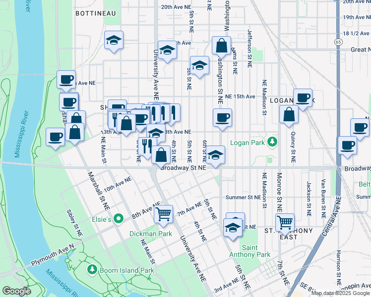 map of restaurants, bars, coffee shops, grocery stores, and more near 1209 4th Street Northeast in Minneapolis