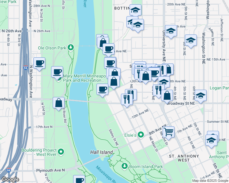 map of restaurants, bars, coffee shops, grocery stores, and more near 1224 County Road 23 in Minneapolis