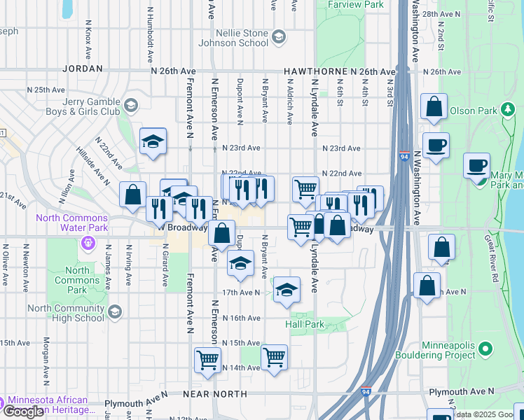 map of restaurants, bars, coffee shops, grocery stores, and more near 904 West Broadway Avenue in Minneapolis