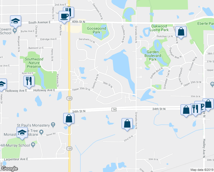 map of restaurants, bars, coffee shops, grocery stores, and more near 6293 36th Street North in Oakdale
