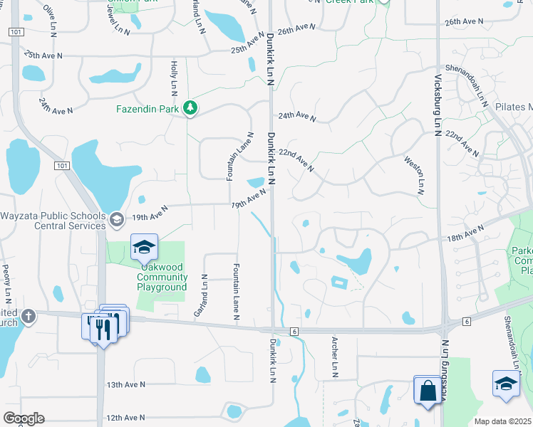 map of restaurants, bars, coffee shops, grocery stores, and more near 1855 Dunkirk Lane North in Plymouth