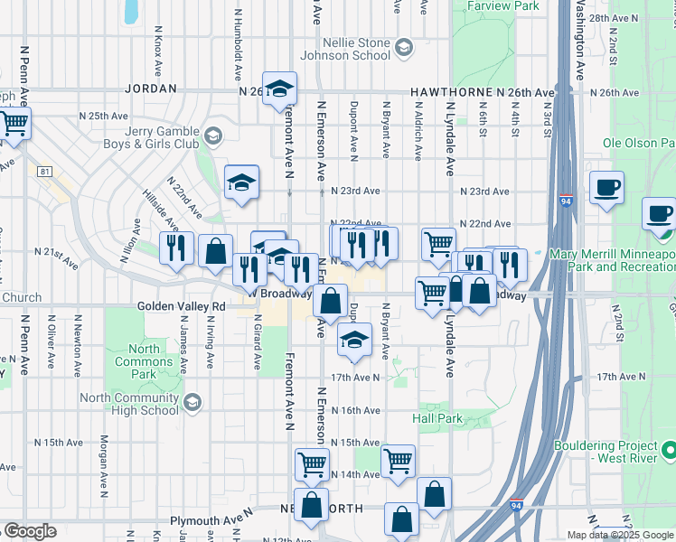map of restaurants, bars, coffee shops, grocery stores, and more near 2019 North Emerson Avenue in Minneapolis
