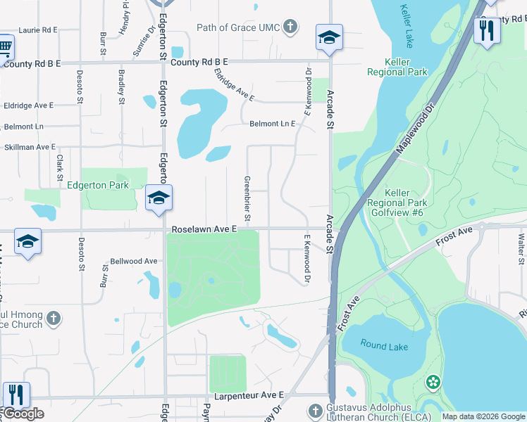 map of restaurants, bars, coffee shops, grocery stores, and more near 1945 Kenwood Drive West in Maplewood