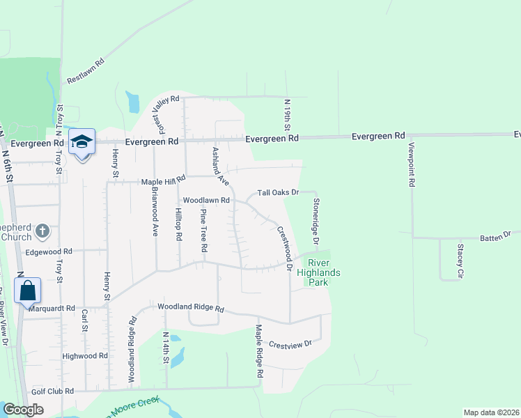 map of restaurants, bars, coffee shops, grocery stores, and more near 4049 Crestwood Drive in Wausau