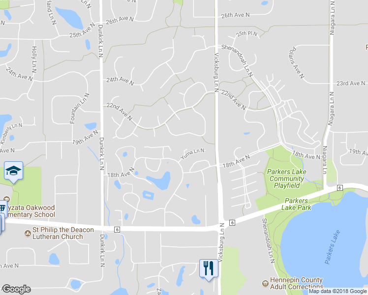 map of restaurants, bars, coffee shops, grocery stores, and more near 1819 Yuma Lane North in Plymouth