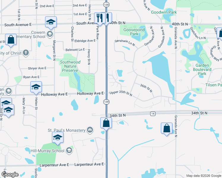 map of restaurants, bars, coffee shops, grocery stores, and more near 3532 Genevieve Avenue North in Oakdale