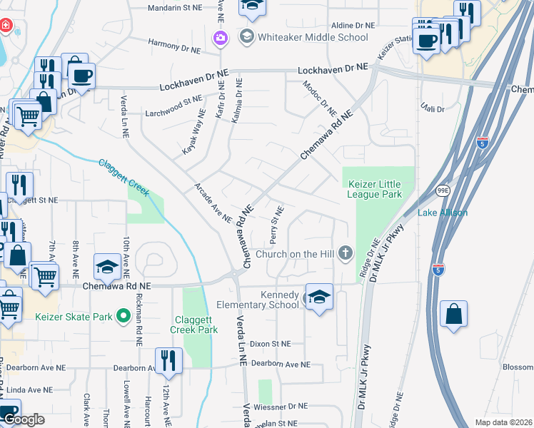 map of restaurants, bars, coffee shops, grocery stores, and more near 1677 Della Way Northeast in Keizer