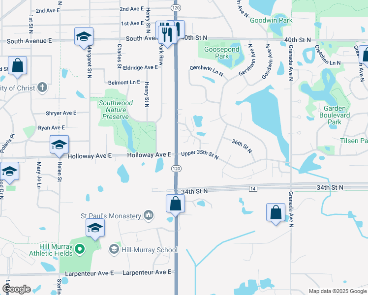 map of restaurants, bars, coffee shops, grocery stores, and more near 3532 Genevieve Avenue North in Oakdale