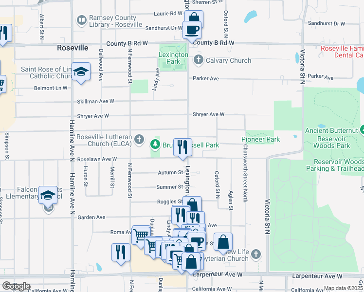 map of restaurants, bars, coffee shops, grocery stores, and more near 1943 Lexington Avenue North in Roseville
