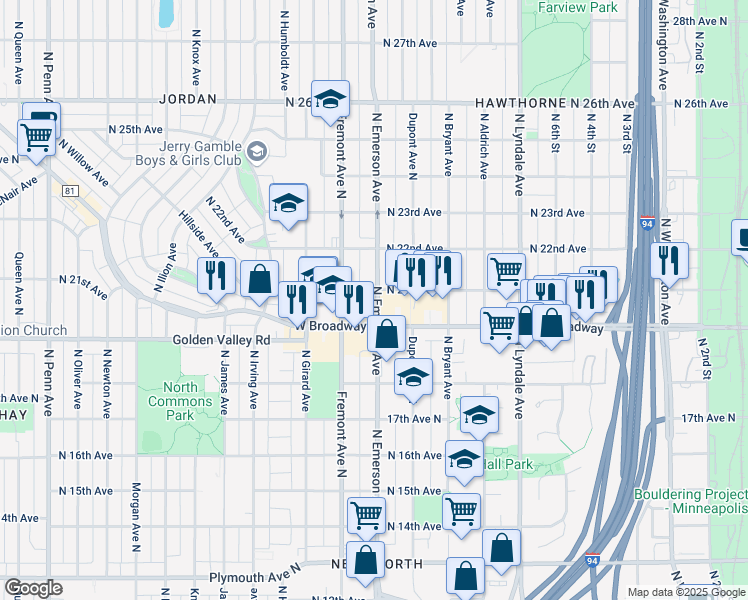 map of restaurants, bars, coffee shops, grocery stores, and more near 2019 North Emerson Avenue in Minneapolis