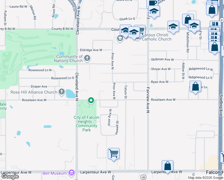 map of restaurants, bars, coffee shops, grocery stores, and more near 1958 Prior Avenue North in Roseville