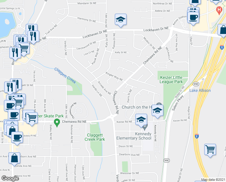 map of restaurants, bars, coffee shops, grocery stores, and more near 1625 Chemawa Road Northeast in Keizer