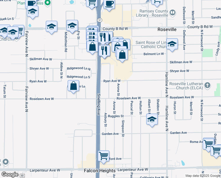 map of restaurants, bars, coffee shops, grocery stores, and more near 1950 Asbury Street in Roseville
