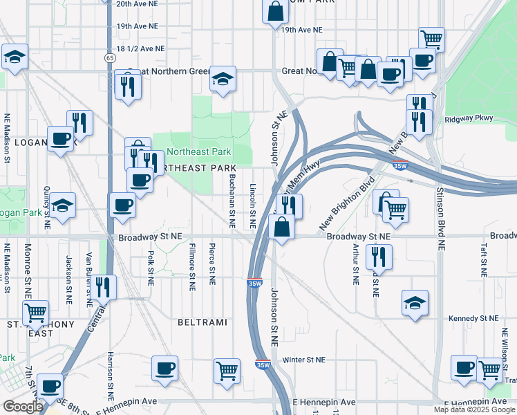 map of restaurants, bars, coffee shops, grocery stores, and more near 1213 Lincoln Street Northeast in Minneapolis