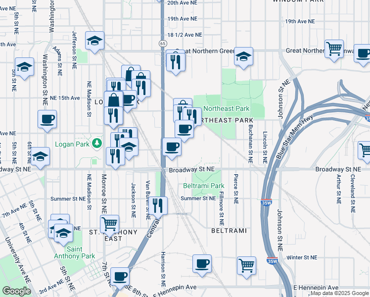 map of restaurants, bars, coffee shops, grocery stores, and more near 1209 Tyler Street Northeast in Minneapolis