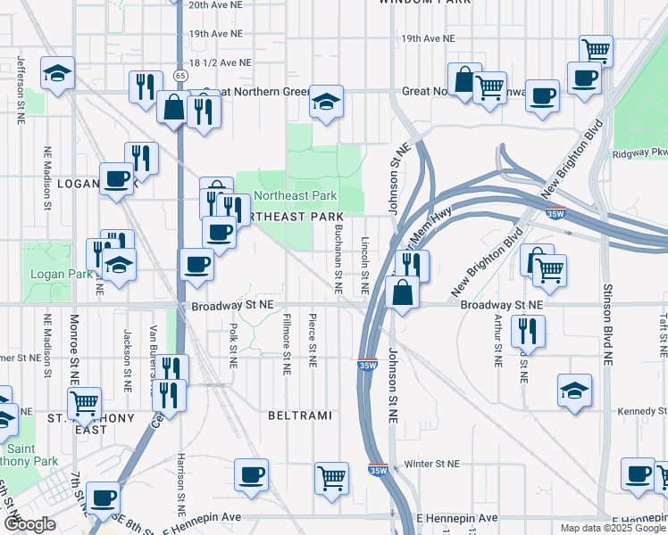 map of restaurants, bars, coffee shops, grocery stores, and more near 1206 Buchanan Street Northeast in Minneapolis