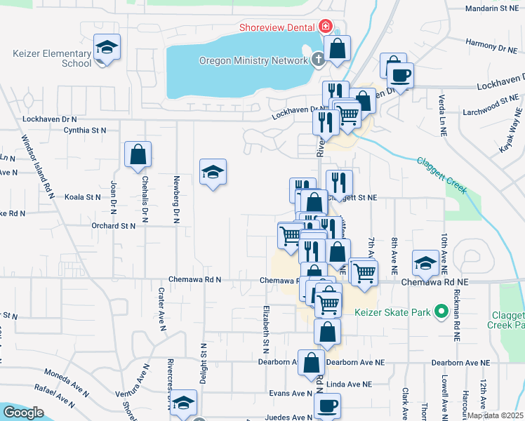 map of restaurants, bars, coffee shops, grocery stores, and more near 355 Sandy Drive North in Keizer