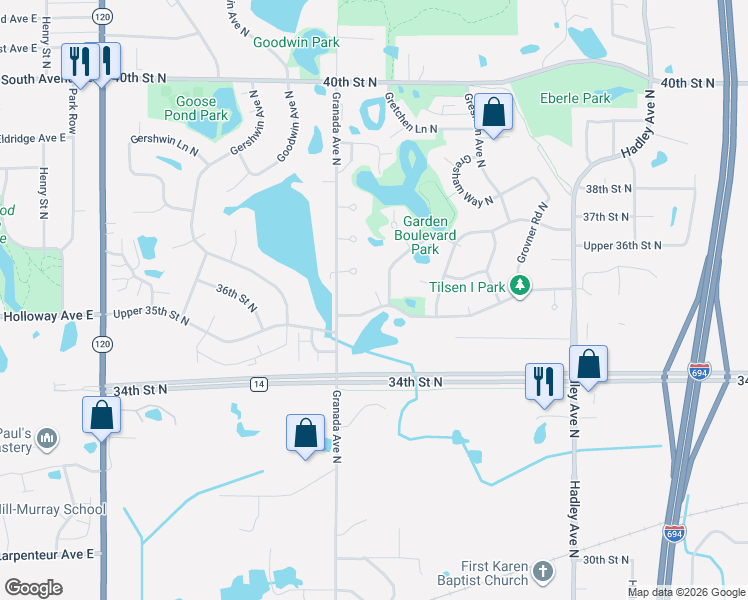 map of restaurants, bars, coffee shops, grocery stores, and more near 6590 Upper 35th Street North in Saint Paul