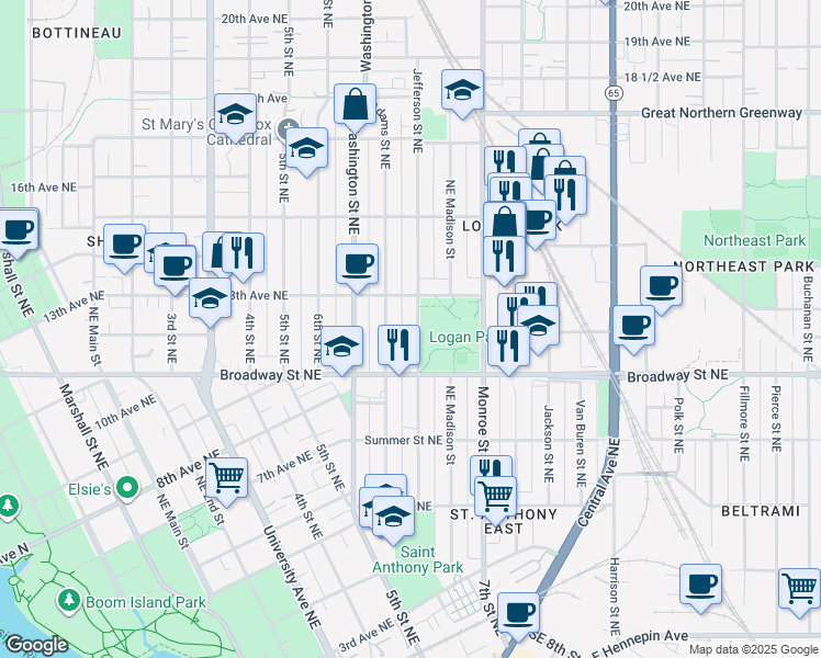 map of restaurants, bars, coffee shops, grocery stores, and more near 1202 Jefferson Street Northeast in Minneapolis