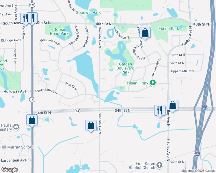 map of restaurants, bars, coffee shops, grocery stores, and more near 6590 Upper 35th Street North in Saint Paul