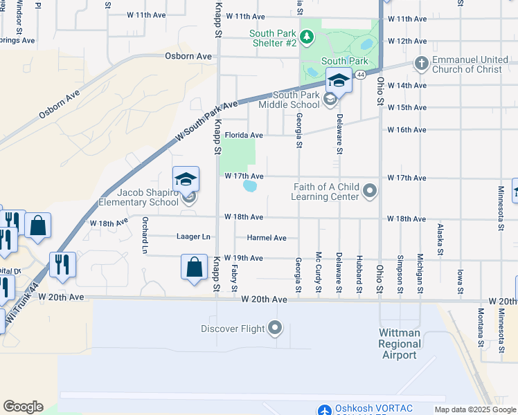 map of restaurants, bars, coffee shops, grocery stores, and more near in Oshkosh