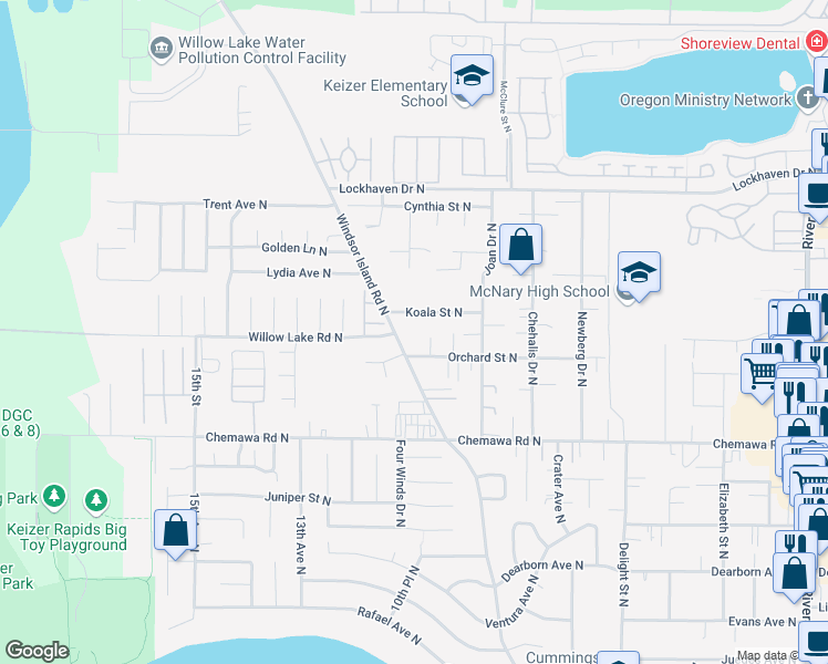 map of restaurants, bars, coffee shops, grocery stores, and more near 5208 Windsor Island Road North in Keizer