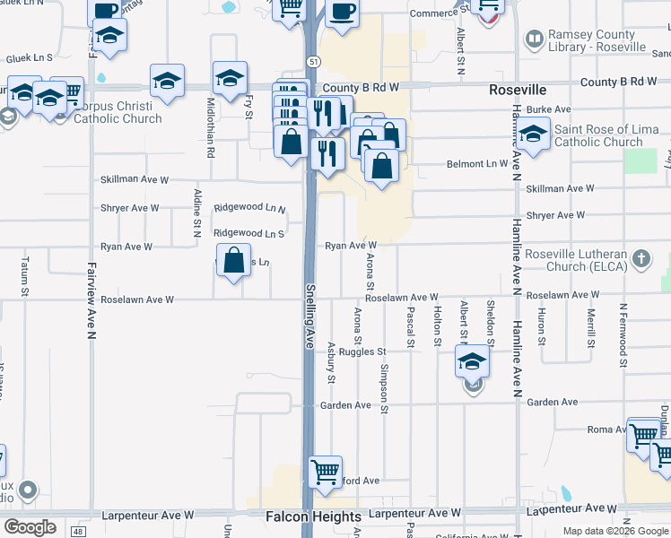 map of restaurants, bars, coffee shops, grocery stores, and more near 1950 Asbury Street in Roseville
