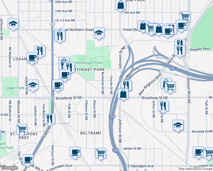 map of restaurants, bars, coffee shops, grocery stores, and more near 1213 Lincoln Street Northeast in Minneapolis