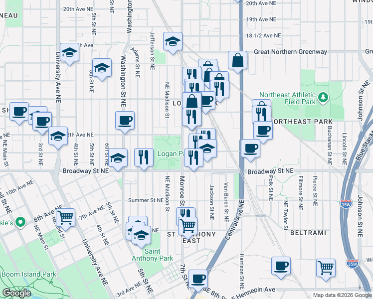 map of restaurants, bars, coffee shops, grocery stores, and more near 1201 Monroe Street Northeast in Minneapolis