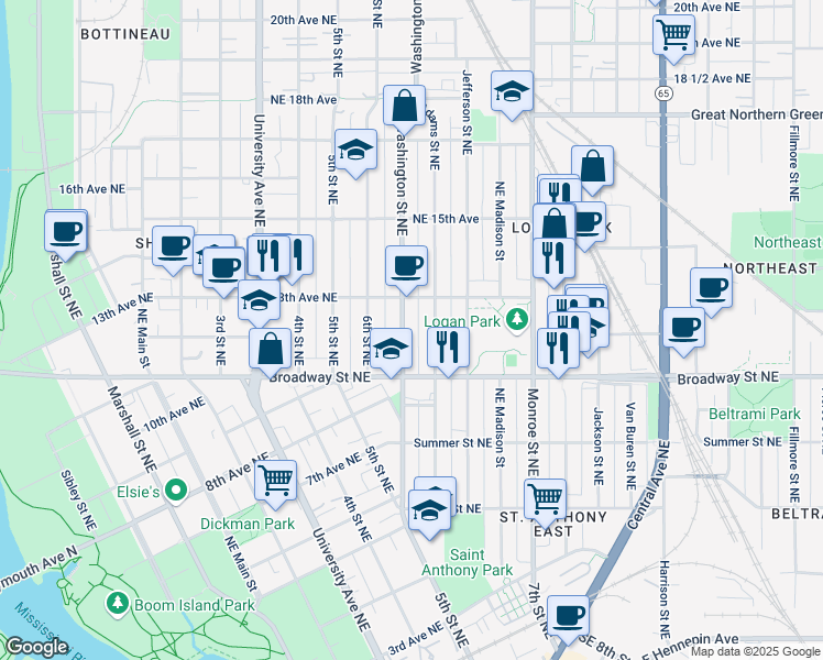map of restaurants, bars, coffee shops, grocery stores, and more near 1202 Adams Street Northeast in Minneapolis