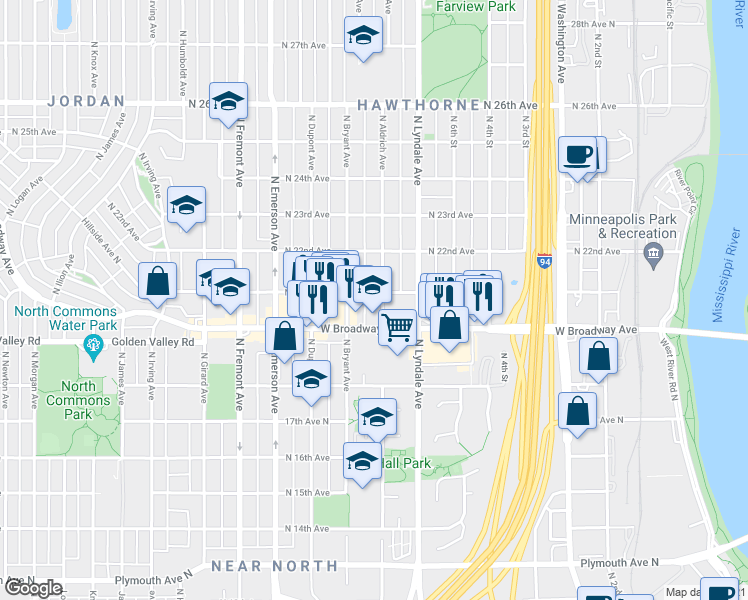 map of restaurants, bars, coffee shops, grocery stores, and more near 2024 North Aldrich Avenue in Minneapolis